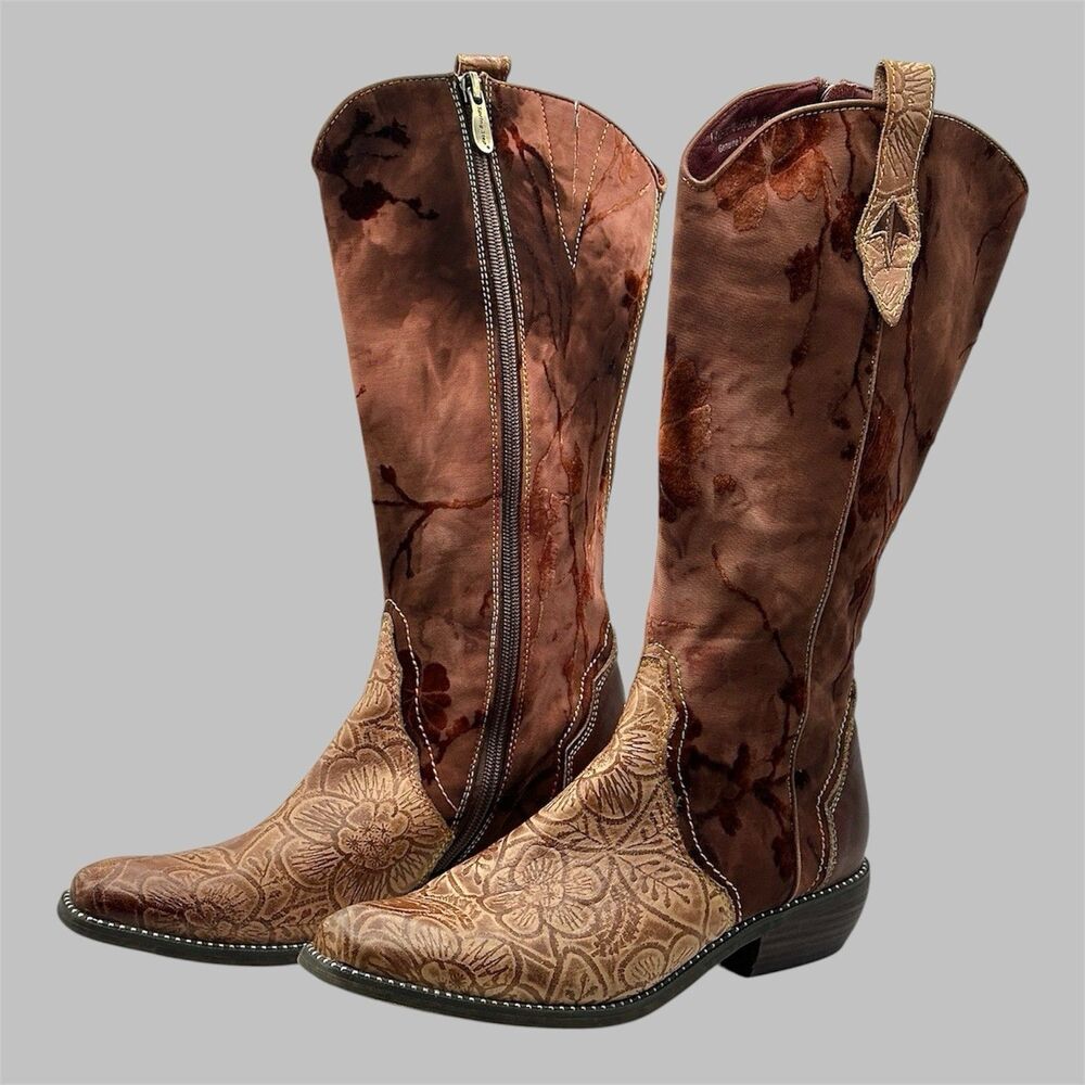 L'Artiste Spring Step Brown Patterned Laretilyn Western Zip Boot Size 38 US 7.5
